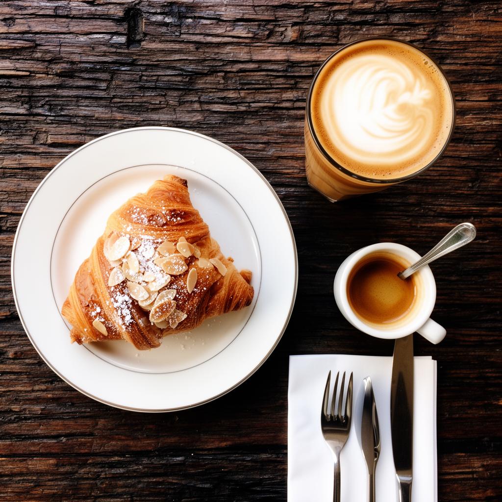 Flat lay of an almond croissant, flat white and espresso on a rustic wood table at Shall We Coffee