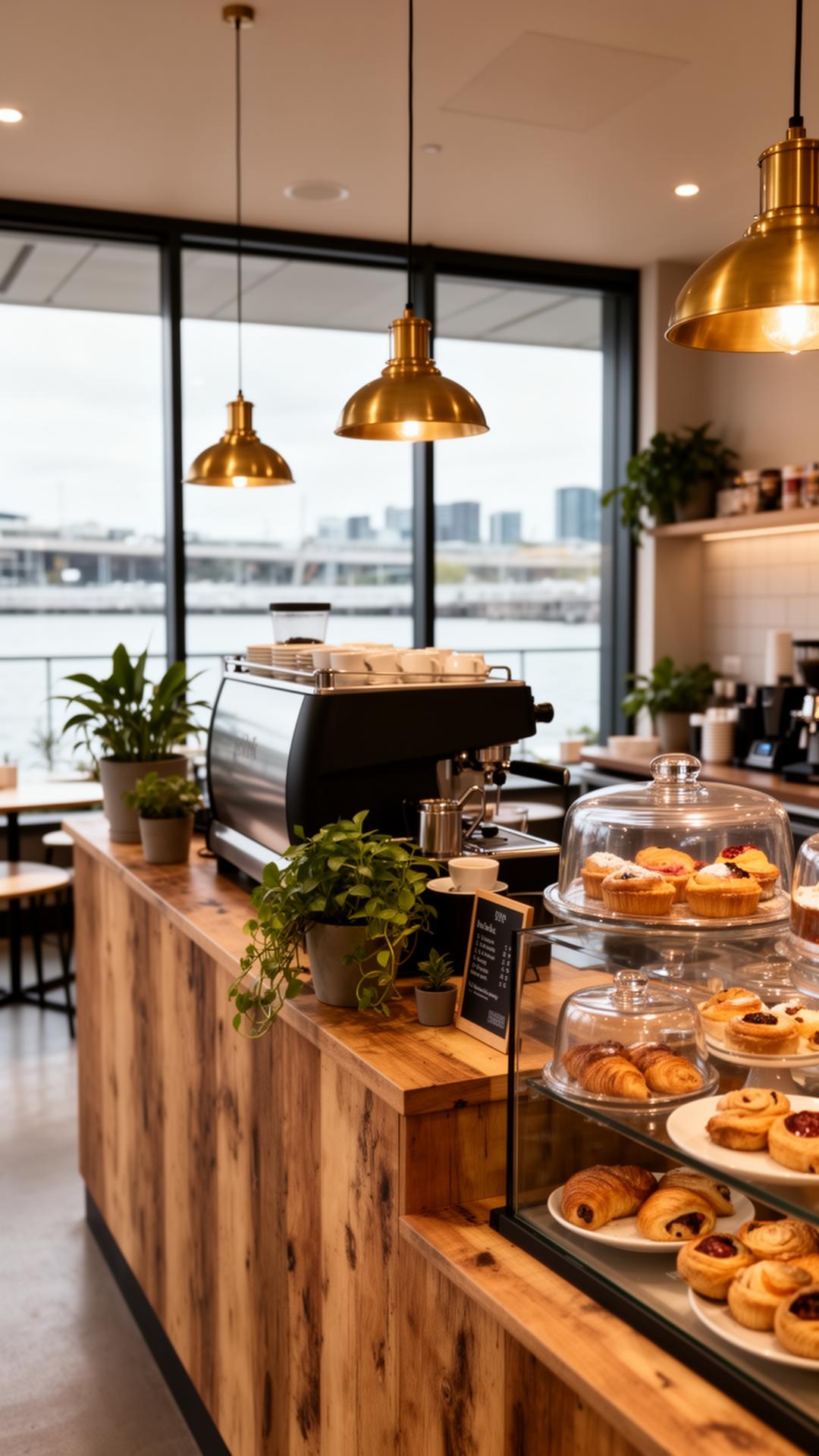The Shall We Coffee kiosk interior with a rustic timber counter, brass pendant lights and waterfront views